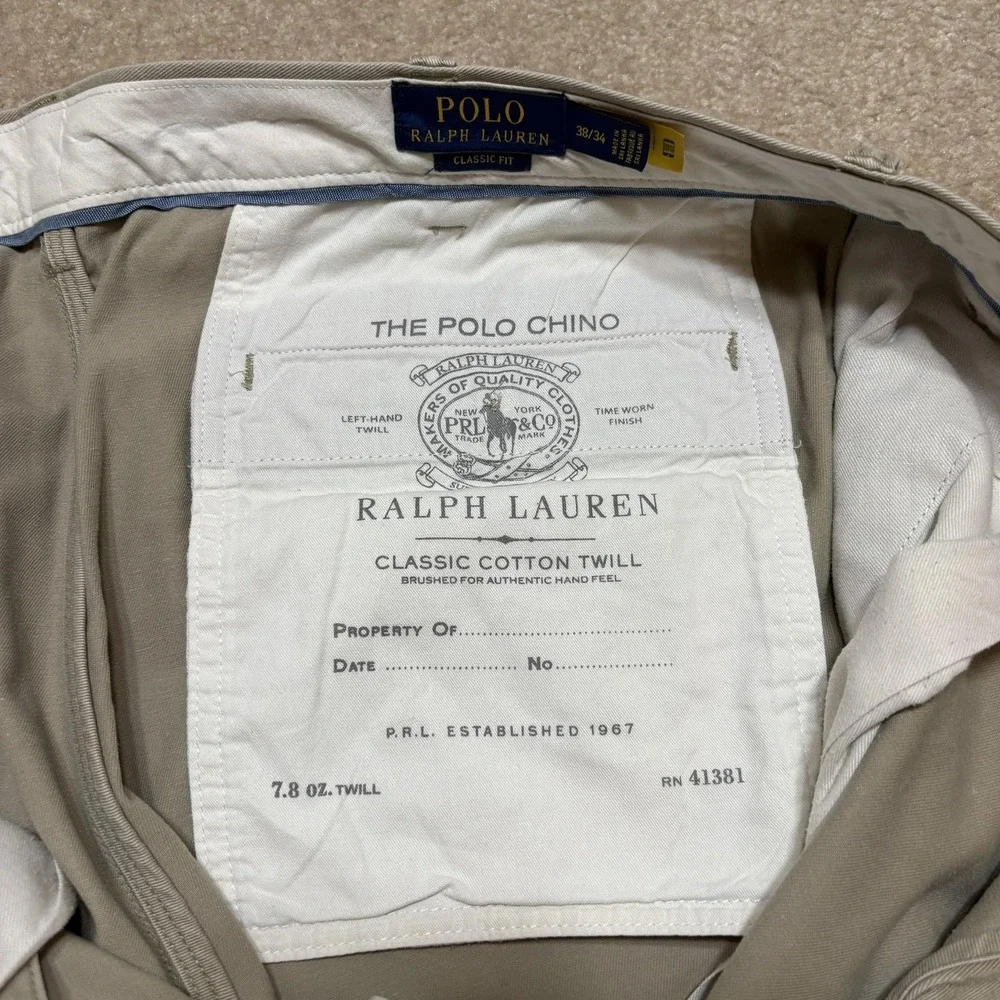 Polo Ralph Lauren Chino Pants Mens 38x34 Beige Polo Chino Classic Twill Cotton